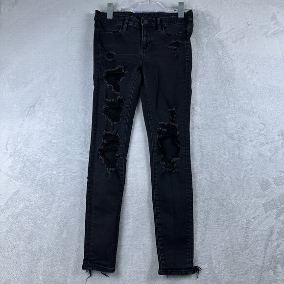 American Eagle Skinny Jeans Women's Size 4R Distressed Next Level Stretch Black - Picture 1 of 12